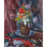FLOWERS WITH BLACK TULIPS by Mary Nicol Neill Armour, oil on board, sold Jun 2023