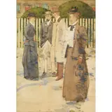 David Gauld, ELEGANT FIGURES IN THE STREET, CHELTENHAM, pen and ink and watercolour