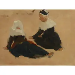 Robert Brough, BRETON WOMEN SITTING ON A BEACH, Oil on canvas laid down on board