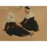Robert Brough, BRETON WOMEN SITTING ON A BEACH, Oil on canvas laid down on board