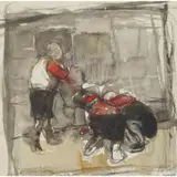 Joan Eardley, CHILDREN PLAYING MARBLES, watercolour