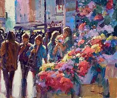 Norman Teeling, Flower Sellers, Grafton Street, oil on board