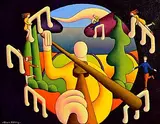 Alan Kenny, Circular Musician with Figures in Landscape, acrylic on canvas