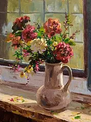 Donal McNaughton, Still Life on the Windowsill, acrylic on board