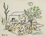 Basil Rakoczi, Farm, North Africa, 1973, watercolour and ink on paper