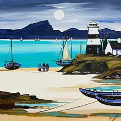 J.P. Rooney, Lighthouse Moon, gouache on board