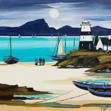 J.P. Rooney, Lighthouse Moon, gouache on board