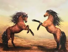 Darren Baker, Rearing Stallions, pastel on card