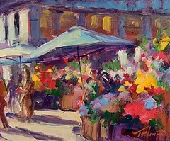 Norman Teeling, Flower Sellers, Duke Street, Dublin, oil on board