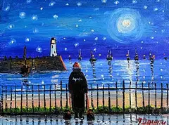 James Downie, Moonlit Harbour, oil on canvas