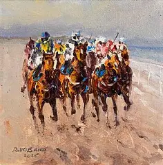 Bill O'Brien, Racing on the Beach at Laytown, 2025, acrylic on board