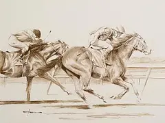 Last Furlong by Graham Isom British, mixed media on paper, sold Sep 2026