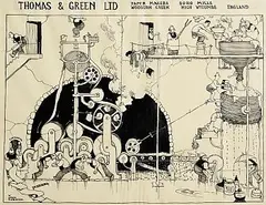 William Heath Robinson, Paper Making at Thomas and Green, ink on tracing paper