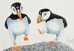 Anne Jolivet, Prancing Puffins, watercolour on paper