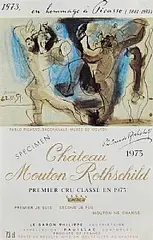 Pablo Picasso Spanish, Mouton Rothschild, embossed specimen wine label created for the 1973 vintage of Chateau Mouton Rothschild