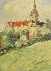 Red Roofs by 20th Century Continental School, oil on board, sold Sep 2026