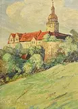 20th Century Continental School, Red Roofs, oil on board
