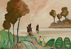 Markey Robinson, Coastal Inlet with Fishermen, gouache on board
