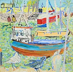 Elizabeth Cope, Boats in Courtown Harbour, Co. Wexford, oil on board