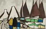 Markey Robinson, Shawlies by the Shore, gouache on card
