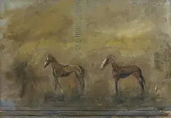 Basil Blackshaw, Two Horses, oil on card