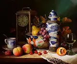 Raymond Campbell British, Clock, Porcelain and Fruit