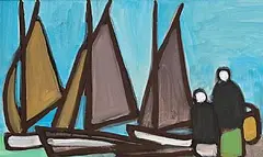 Markey Robinson, Unloading Fishing Boats, gouache on board