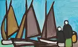 Markey Robinson, Unloading Fishing Boats, gouache on board