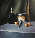 David French Le Roy, Still Life - Bottle, Saucepan and Eggs, 2005, oil on board