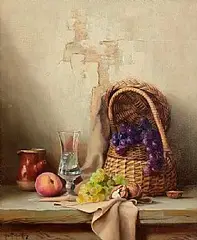 Robert Chailloux French, Wicker Basket, Fruit, Nuts, Glass and Pottery, oil on canvas