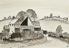 Kyffin Williams Welsh, Farmhouse, black and white ink wash on paper