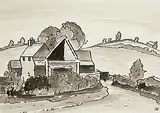 Kyffin Williams Welsh, Farmhouse, black and white ink wash on paper