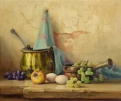 Robert Chailloux French, Brass Pot, Fruit, Eggs and Pottery, oil on canvas