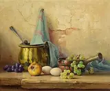 Robert Chailloux French, Brass Pot, Fruit, Eggs and Pottery, oil on canvas