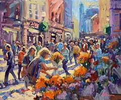 Norman Teeling, Flower Sellers, Grafton Street, oil on board