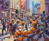 Norman Teeling, Flower Sellers, Grafton Street, oil on board