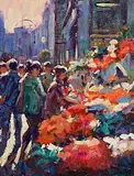 Norman Teeling, Flower Sellers, Dublin, oil on board
