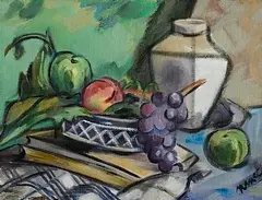 Still Life - Fruit and Vessels by Norah McGuinness, oil on board, sold Jul 2026