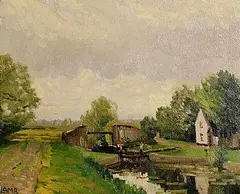 Charles Vincent Lamb, Canal Lock, oil on board