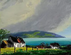 Kenneth Webb, Cottages by the Shore, oil on canvas