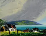 Kenneth Webb, Cottages by the Shore, oil on canvas