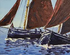 Ivan Sutton, Galway Hookers Off Roundstone, Co. Galway, oil on board