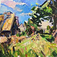 Brian MacMahon, Thatching the Roof, oil on canvas