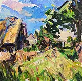 Brian MacMahon, Thatching the Roof, oil on canvas
