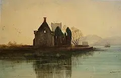 Andrew Nicholl, Castle Ruins and Tall Ship in the Bay, watercolour