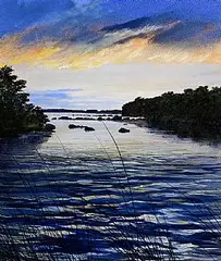 Sunset on Lough Sheelin by Bernard Reynolds, 1995, oil on board, sold Jul 2026