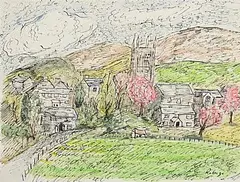 Basil Rakoczi, Village Landscape, watercolour, pen and ink on paper