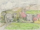 Basil Rakoczi, Village Landscape, watercolour, pen and ink on paper