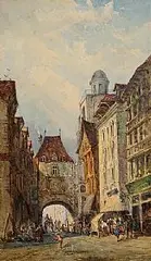 Thomas Colman Dibdin, La Rue de la Grosse Horloge, Rouen, watercolour on paper