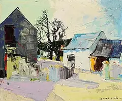 Kenneth Webb, White Farm Buildings and Trees, 1969, oil on canvas